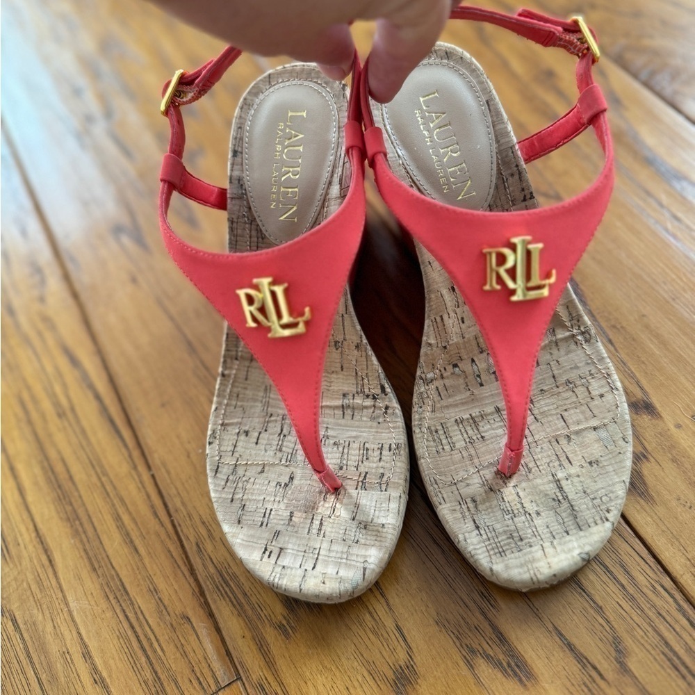 Lauren Ralph Lauren Jeannie Coral Logo Wedge Sandals Thong Flip Flop 6 - Picture 11 of 13